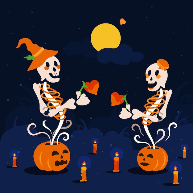 Illustration du personnage de couple de crâne squelette sortant de bougies de citrouille au sol