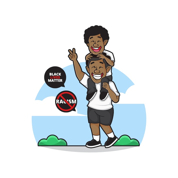 Illustration Du Personnage Des Noirs, Le Père Porte Son Fils Heureux Avec Le Symbole Stop Racism