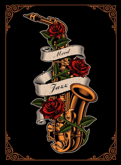 Illustration Du Saxophone Avec Roses Et Ruban Dans Le Style De Tatouage Sur Le Fond Sombre.