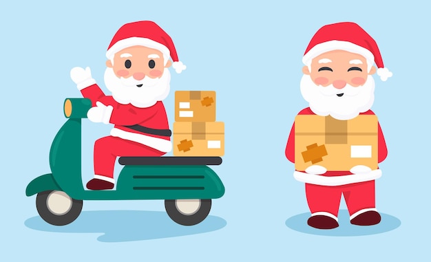 Vecteur illustration du service de livraison du père noël saint nicolas conduisant une moto