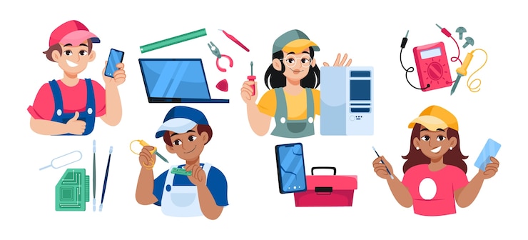 Vecteur illustration du service de réparation d'ordinateurs et de téléphones