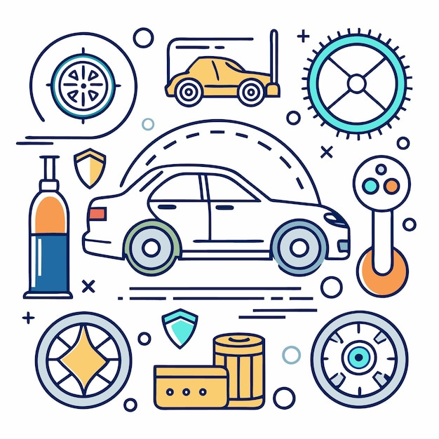 Illustration du service de réparation de voitures avec filtre à huile pour pneus et autres pièces automobiles