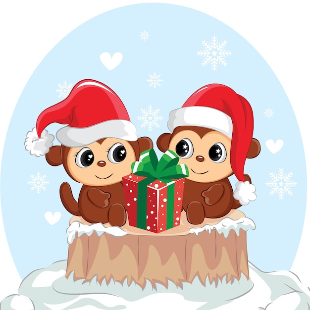 Illustration Du Singe De Couple Avec Boîte-cadeau. Singe Mignon Pour Le Jour De Noël.