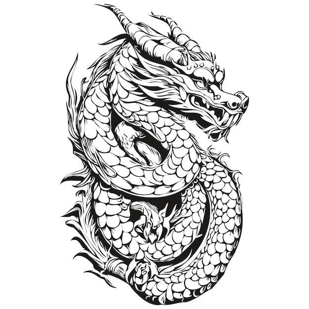 Illustration Du Symbole De L'année Du Dragon 2024 Et Gravure Vintage En Noir Et Blanc Isolée Enceinte Vectorielle Contours Modèle Pour Logo D'invitation D'affiche De Carte De Vœux