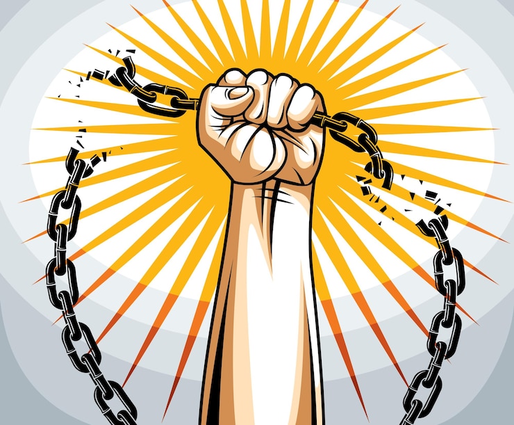 Vecteur illustration du thème de l'esclavage avec un poing serré à la main luttant pour la liberté contre la chaîne, le logo vectoriel ou le tatouage, se libérer, lutter pour la liberté.