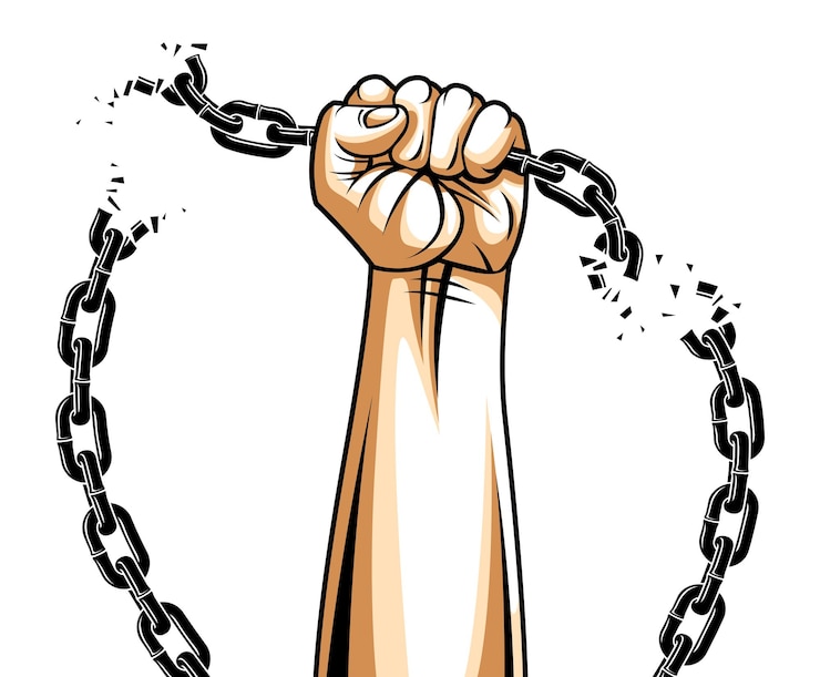 Vecteur illustration du thème de l'esclavage avec un poing serré à la main luttant pour la liberté contre la chaîne, le logo vectoriel ou le tatouage, se libérer, lutter pour la liberté.