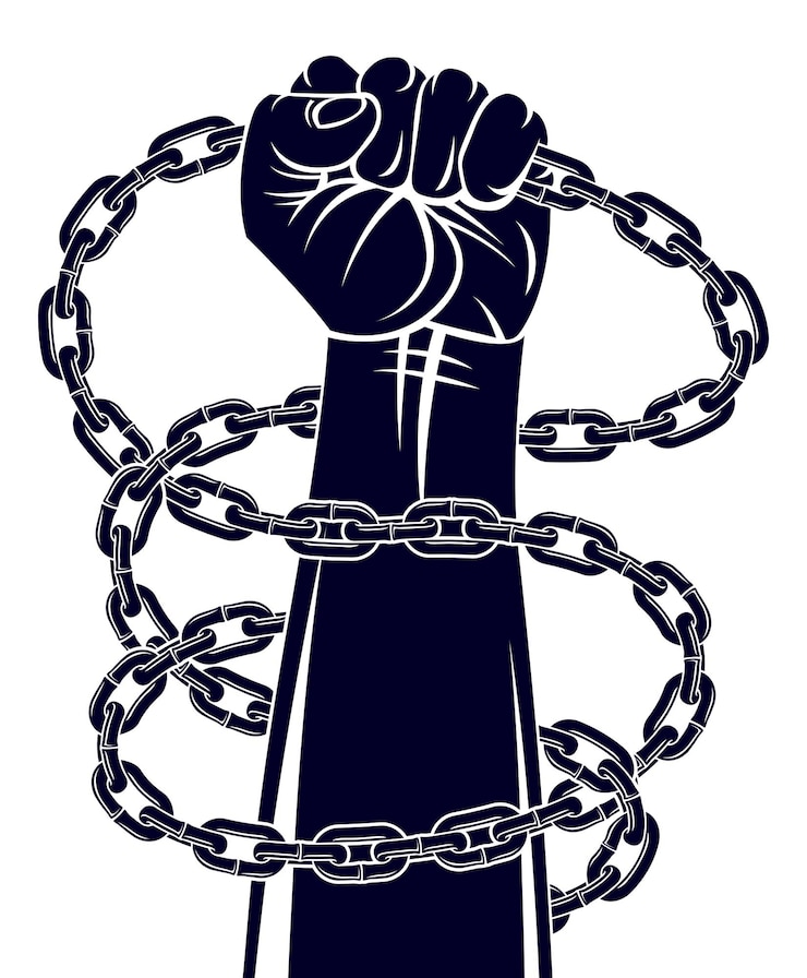 Vecteur illustration du thème de l'esclavage avec un poing serré à la main luttant pour la liberté contre la chaîne, le logo vectoriel ou le tatouage, se libérer, lutter pour la liberté.
