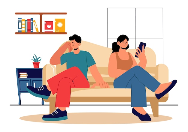 Illustration du vecteur de tension de la relation mettant en vedette un jeune couple qui se dispute et s'assoit séparément pour exprimer son désaccord sur un fond de dessin animé plat