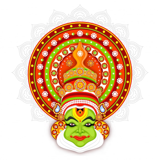 Illustration du visage de la danseuse Kathakali sur fond de mandala.