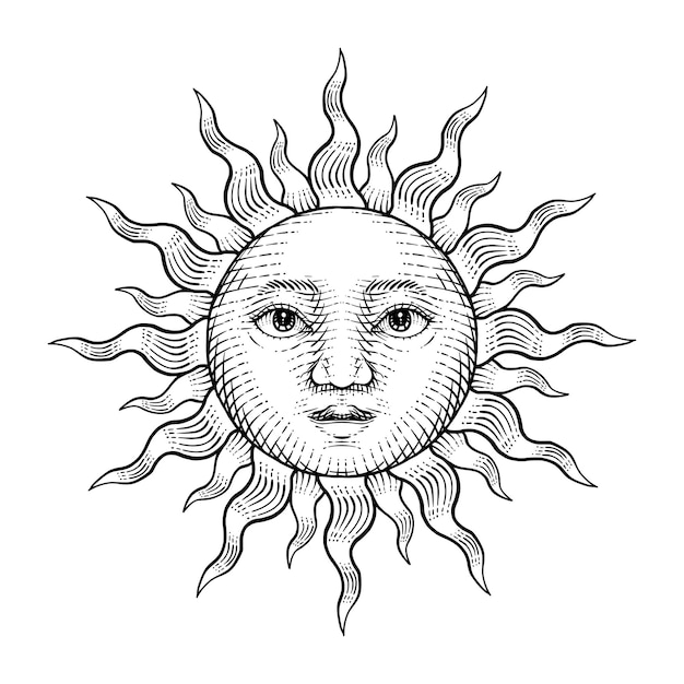 Illustration du visage du soleil dessiné dans un style de gravure