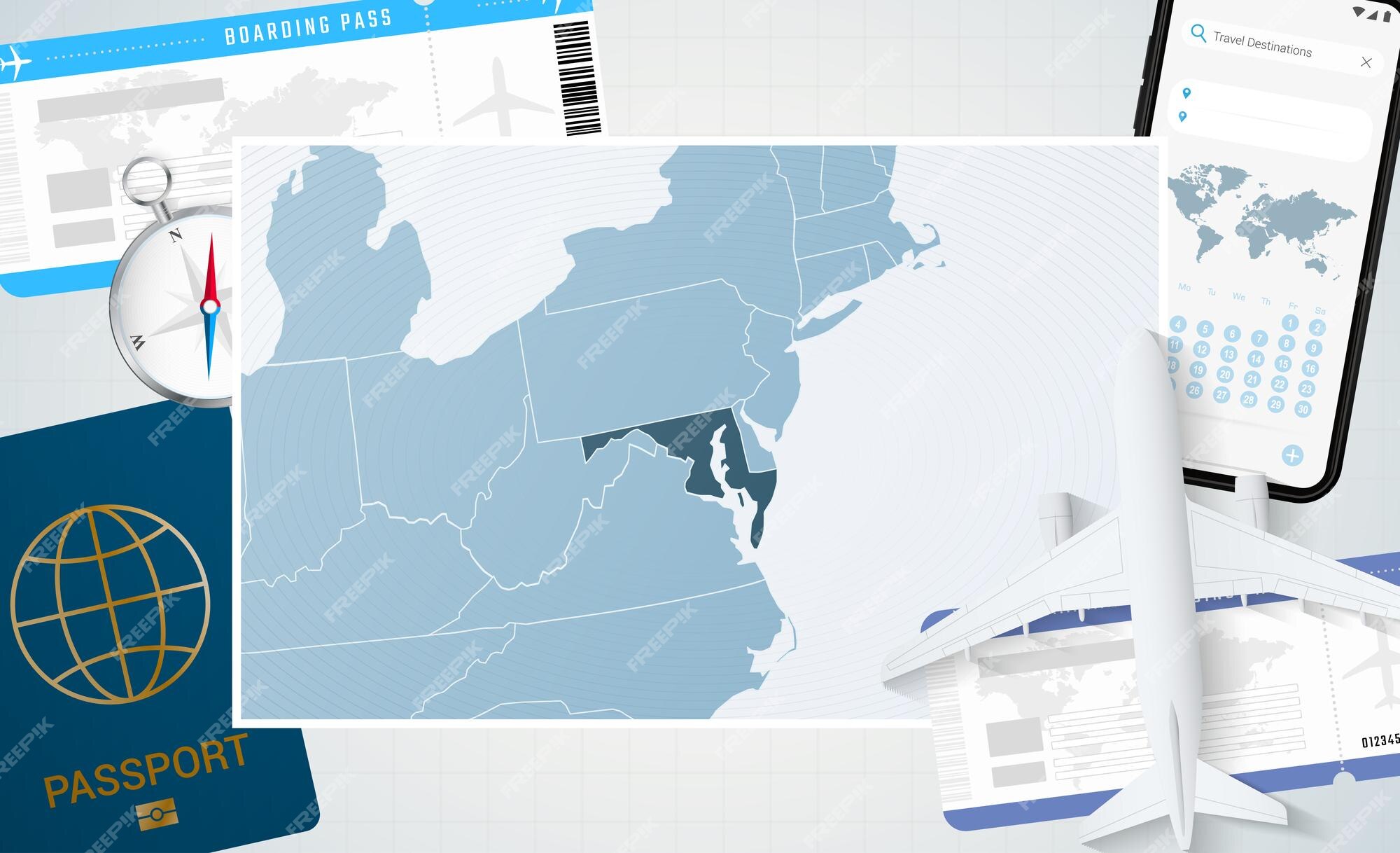 Illustration Du Voyage Au Maryland Avec Une Carte Du Maryland Arrière-plan  Avec Boussole De Passeport De Téléphone Portable D'avion Et Billets