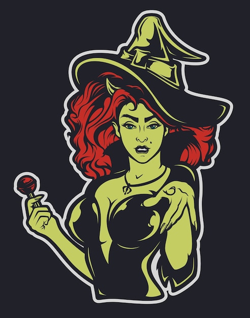 illustration dune sorcière pour halloween sur un fond sombre. Tous les calques sont signés.