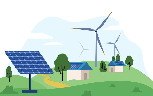 Illustration de la durabilité à travers les moulins à vent à énergie renouvelable et la maison avec panneau solaire