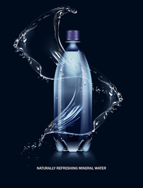 illustration des éclaboussures d'eau qui coule autour d'une bouteille en plastique avec bouchon