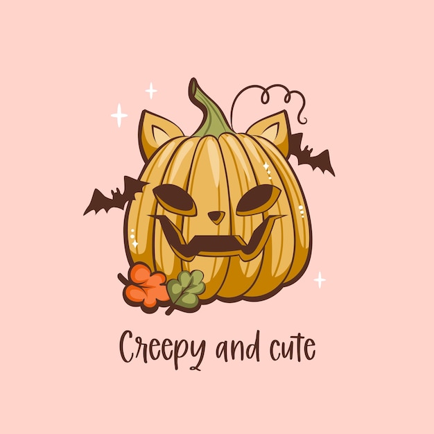 Vecteur illustration effrayante et mignonne de citrouille d'halloween dans un style dessiné à la main personnage de dessin animé de citrouille de chat