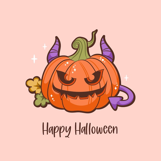 Vecteur illustration effrayante et mignonne de citrouille d'halloween dans un style dessiné à la main personnage de dessin animé de citrouille diable