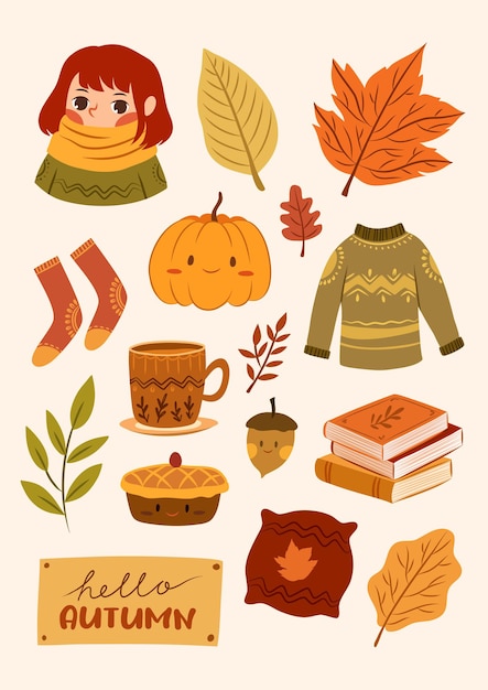 Vecteur illustration d'éléments d'automne dessinés à la main