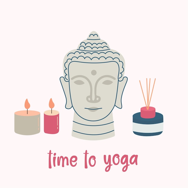 Vecteur illustration d'éléments de yoga avec une statuette de bouddha temps de faire du yoga