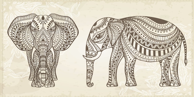 Vecteur illustration d'éléphant dessiné à la main ornementale indienne