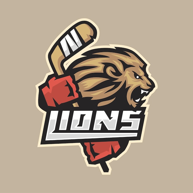 Vecteur illustration, emblème de hockey lion féroce avec bâton, format eps 10