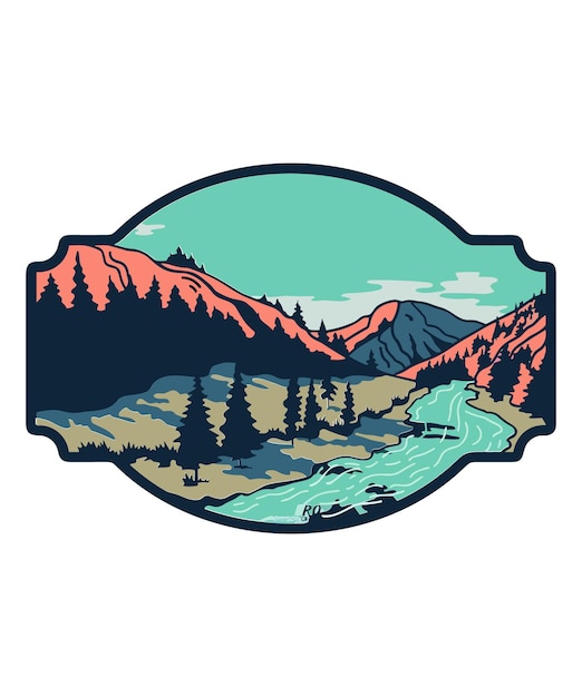 Vecteur illustration d'un emblème vintage de rivière et de montagnes