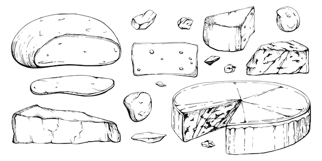 Illustration à l'encre vectorielle dessinée à la main Assortiment de fromage mozzarella parmesan edam emmental gruyere gorgonzola Ensemble d'objets isolés sur blanc Menu restaurant café boutique de nourriture emballage affichage