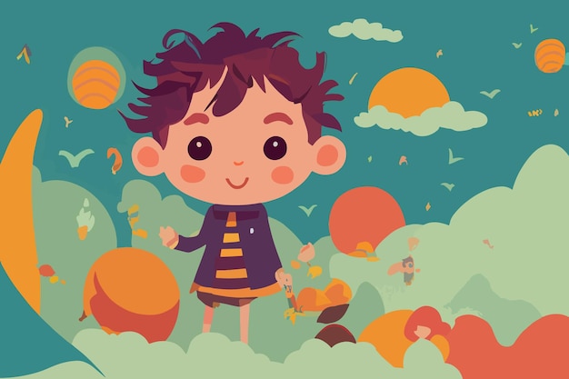 Illustration d'enfant garçon souriant debout dans les nuages de garçon de fond
