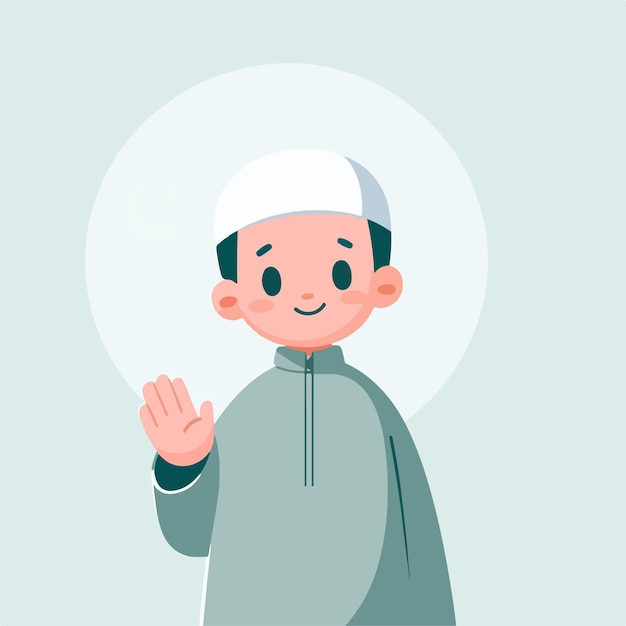 Illustration d'un enfant musulman disant bonjour avec un style de conception plat simple et minimaliste