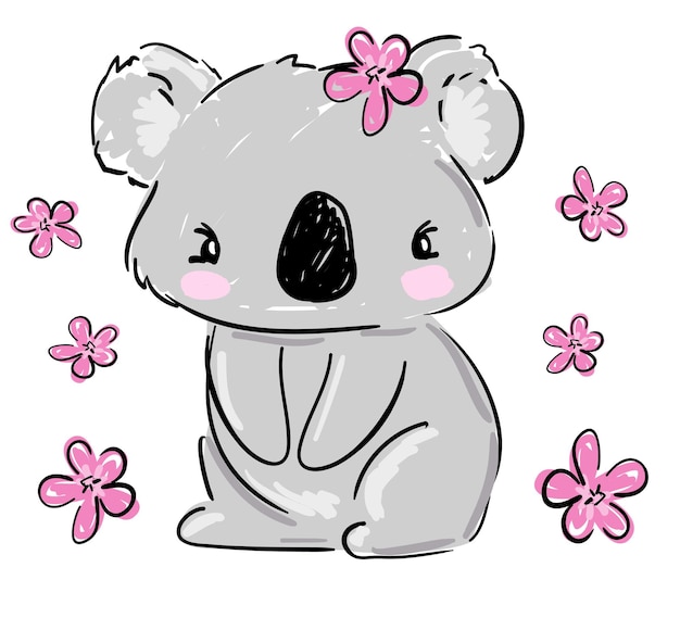 Illustration Enfantine Mignonne Dessinée à La Main Koala Et Conception D'impression De Fleur
