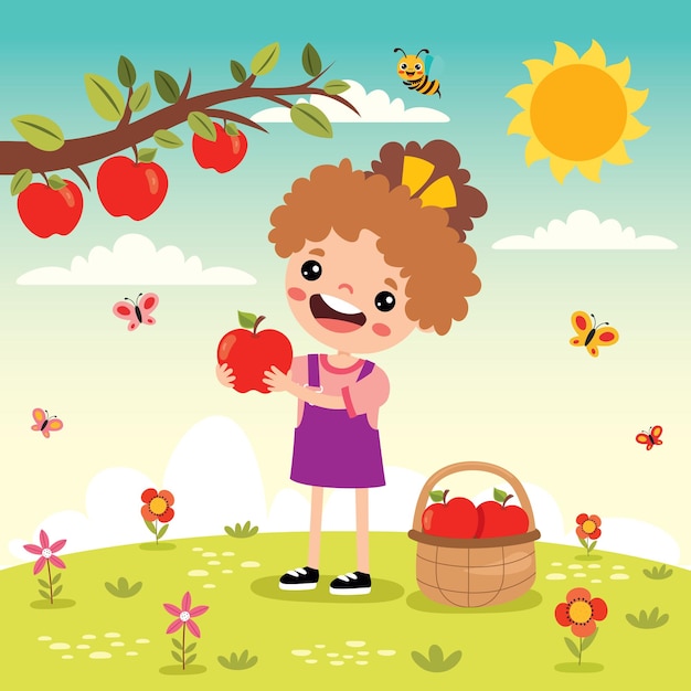 Illustration d'enfants qui cueillent des pommes