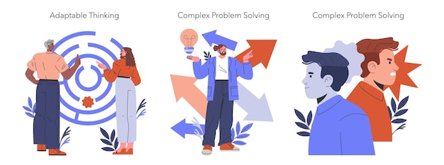 Illustration d'un ensemble de biais cognitifs représentant la pensée adaptable et la résolution de problèmes complexes avec