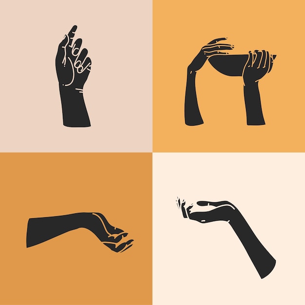 Vecteur illustration avec ensemble d'éléments de logo, silhouettes de mains humaines, magie