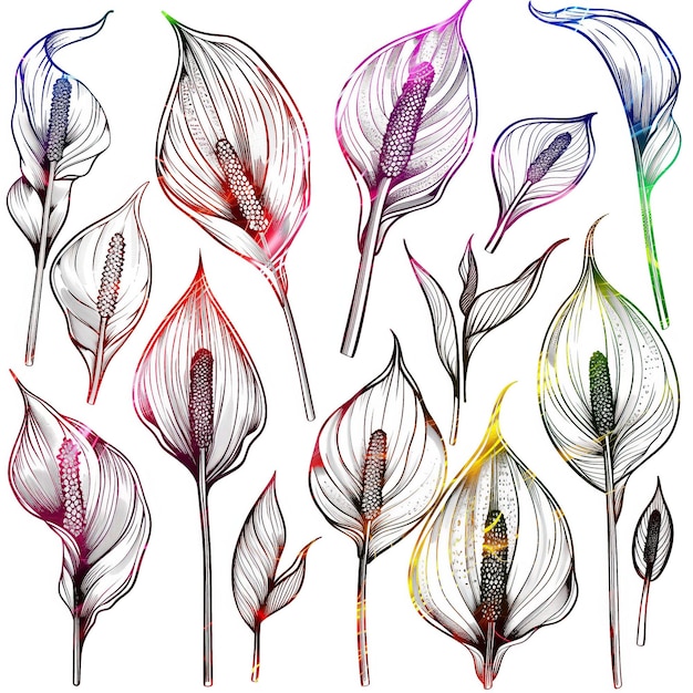 Vecteur l'illustration de l'ensemble de lignes vectorielles plates de peace lily est de haute qualité