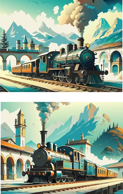 Illustration D'un Ensemble De Locomotives à Vapeur