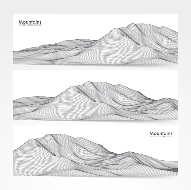 Vecteur illustration: ensemble de trois bannières avec paysage de montagnes filaires.