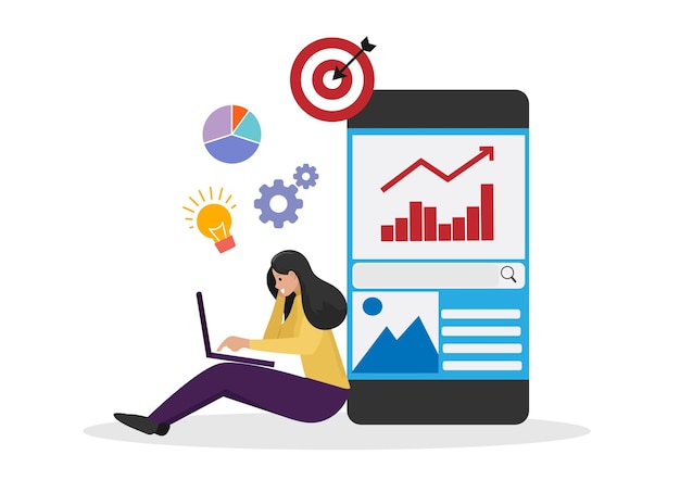 Illustration d'entreprise et mise en page de site Web de génération d'idées avec des femmes d'affaires utilisant un ordinateur portable et une illustration vectorielle de site Web mobile