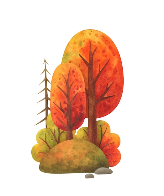 Vecteur illustration de l'environnement d'automne aquarelle paysage saisonnier pour le fond automne nature clipart île d'automne avec arbres et buissons image peinte à la main isolée d'une parcelle de terre forestière