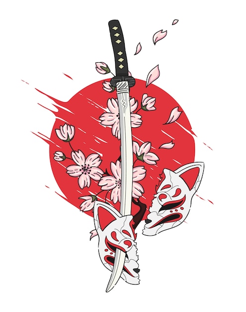 Illustration d'épée et de sakura sur le style japonais