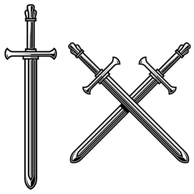 Illustration des épées de chevalier croisés dans le style de gravure Élément de conception pour le signe de l'emblème de l'étiquette du logo Illustration vectorielle