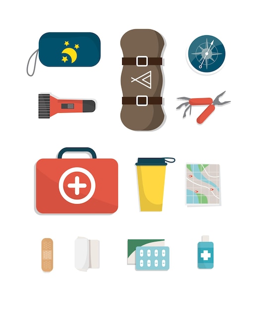 Illustration de l'équipement et des fournitures de randonnée pour le camping