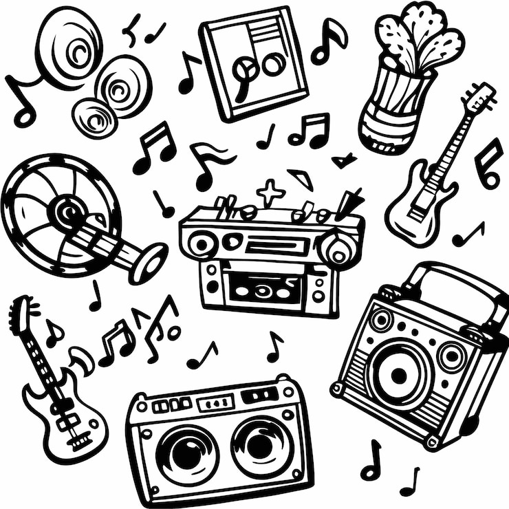 Vecteur illustration d'un équipement de musique dessinée à la main avec des notes musicales
