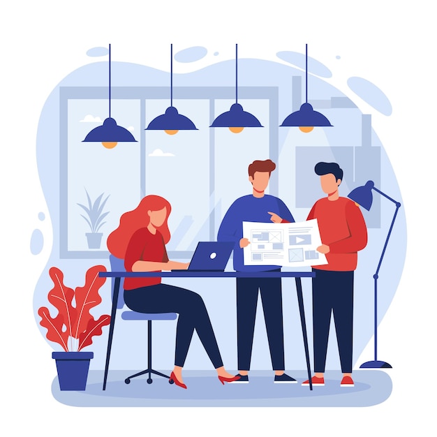 Illustration d'un espace de travail de bureau moderne mettant en vedette une discussion d'affaires entre des professionnels