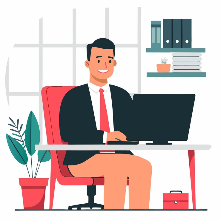 Vecteur illustration de l'espace de travail du bureau représentant l'environnement commercial moderne