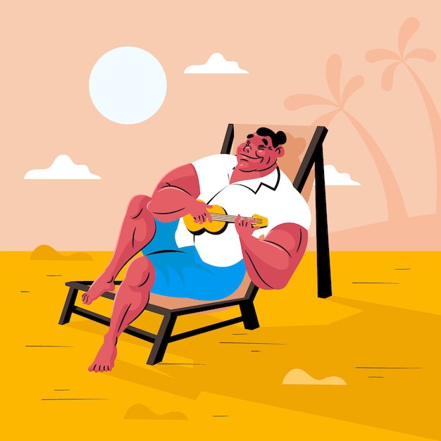 Vecteur illustration d'été plat avec un homme musclé jouant du ukulélé sur une chaise de plage