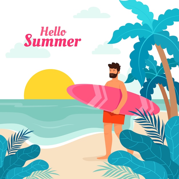 Vecteur illustration d'été plat avec homme tenant une planche de surf à la plage