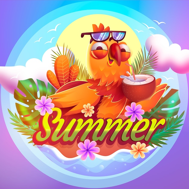 Vecteur illustration d'été réaliste avec un poulet qui prend un cocktail.