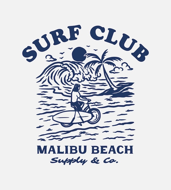 Illustration d'étiquette de club de surf à la main vintage