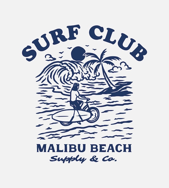 Vecteur illustration d'étiquette de club de surf à la main vintage