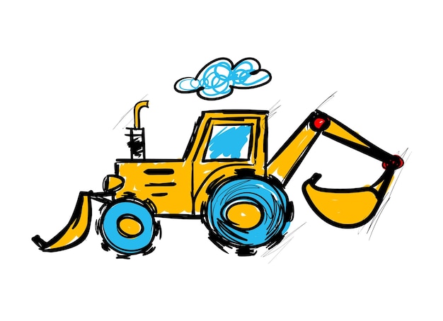 Illustration D'excavatrice Et Doodle Dessiné à La Main De Tracteur