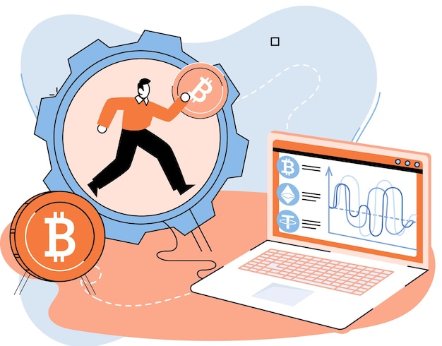 Illustration d'extraction de monnaie crypto Concept de crypto-monnaie avec mineur et pièces de monnaie Jeune homme avec ordinateur portable travaillant dans la mine Bitcoin Concept de technologie de transaction Blockchain marché monétaire virtuel